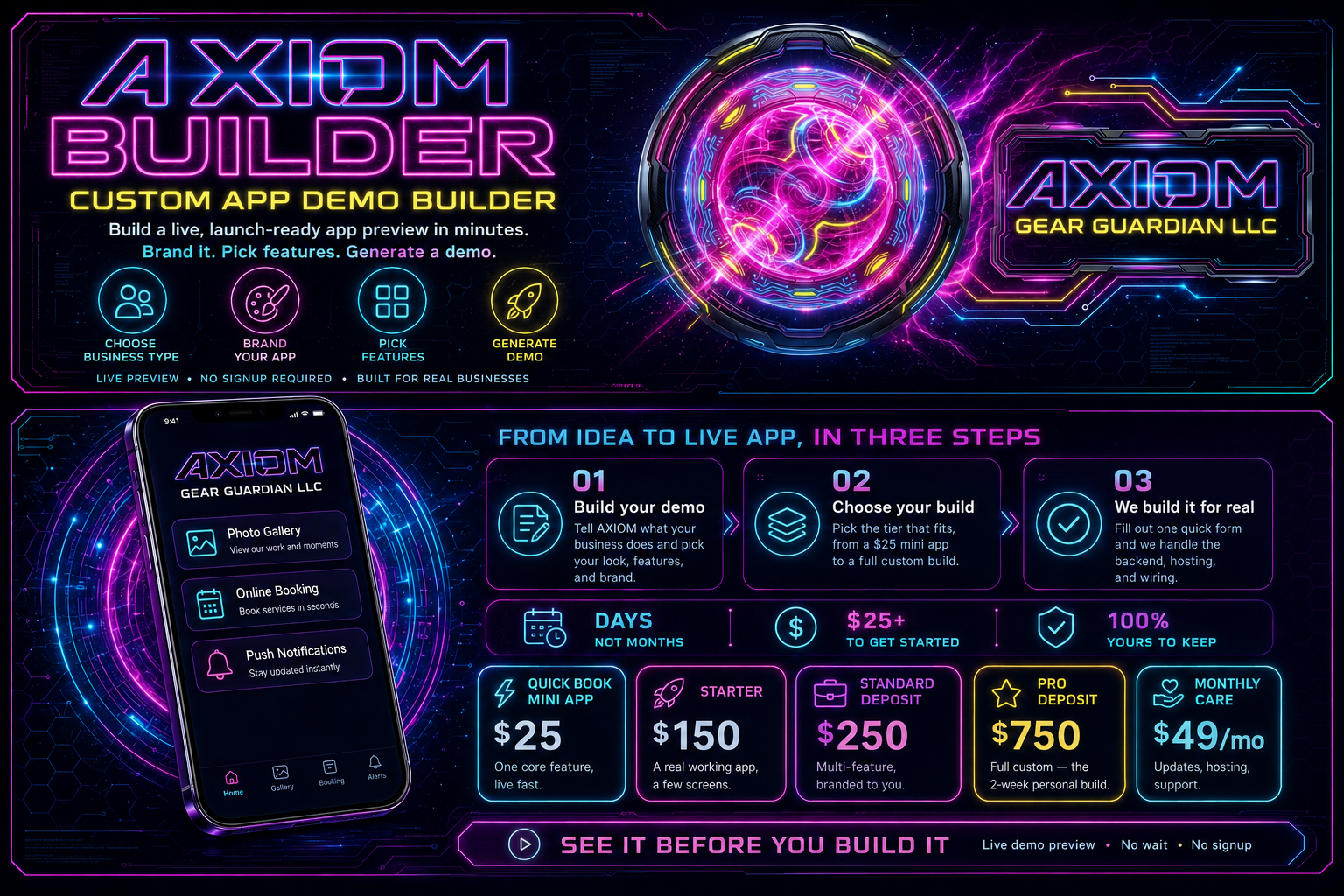 AXIOM Builder — custom app demo builder by Gear Guardian LLC. Build a live, launch-ready app preview in minutes.